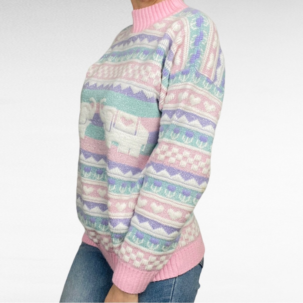 VINTAGE | 1980’s Private Eyes Fairy Kei Kawaii Pastel Elephant Pullover Sweater - Picture 2 of 8
